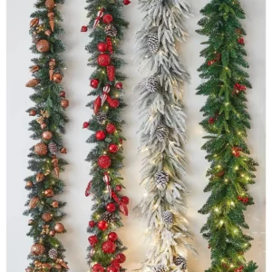 4 Styles Pre-lit Artificial Pine Christmas Garland with Pinecone Berry Bauble Wall Stair Fireplace Decor