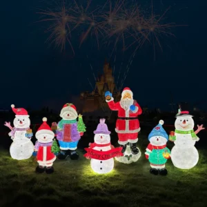 Illuminated fiberglass Santa Claus and snowman sculptures, large LED Christmas mall window display decor with gift boxes