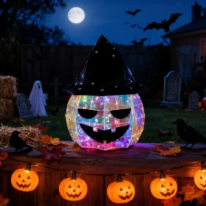 Waterproof holographic LED pumpkin witch hat light Halloween yard porch festive display