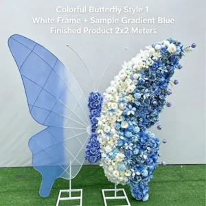 Blue Gradient Butterfly Floral Decor, 2x2m Iron Frame with Blue & White Artificial Flowers for Mall Window & Event Decoration