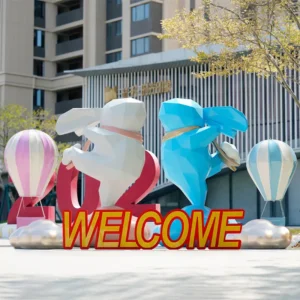 Geometric Fiberglass Rabbit Sculpture Set White Blue Polygon Bunny Cloud Ornament Outdoor Mall Plaza Landscape Statue